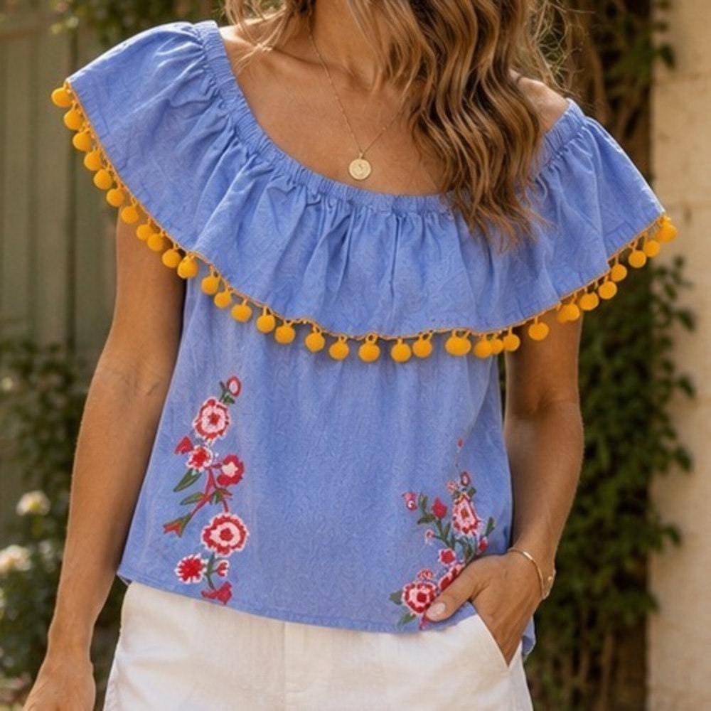 Crown & Ivy Womens XL Blue Chambray Embroidered Pom Pom Off Shoulder Boho Top